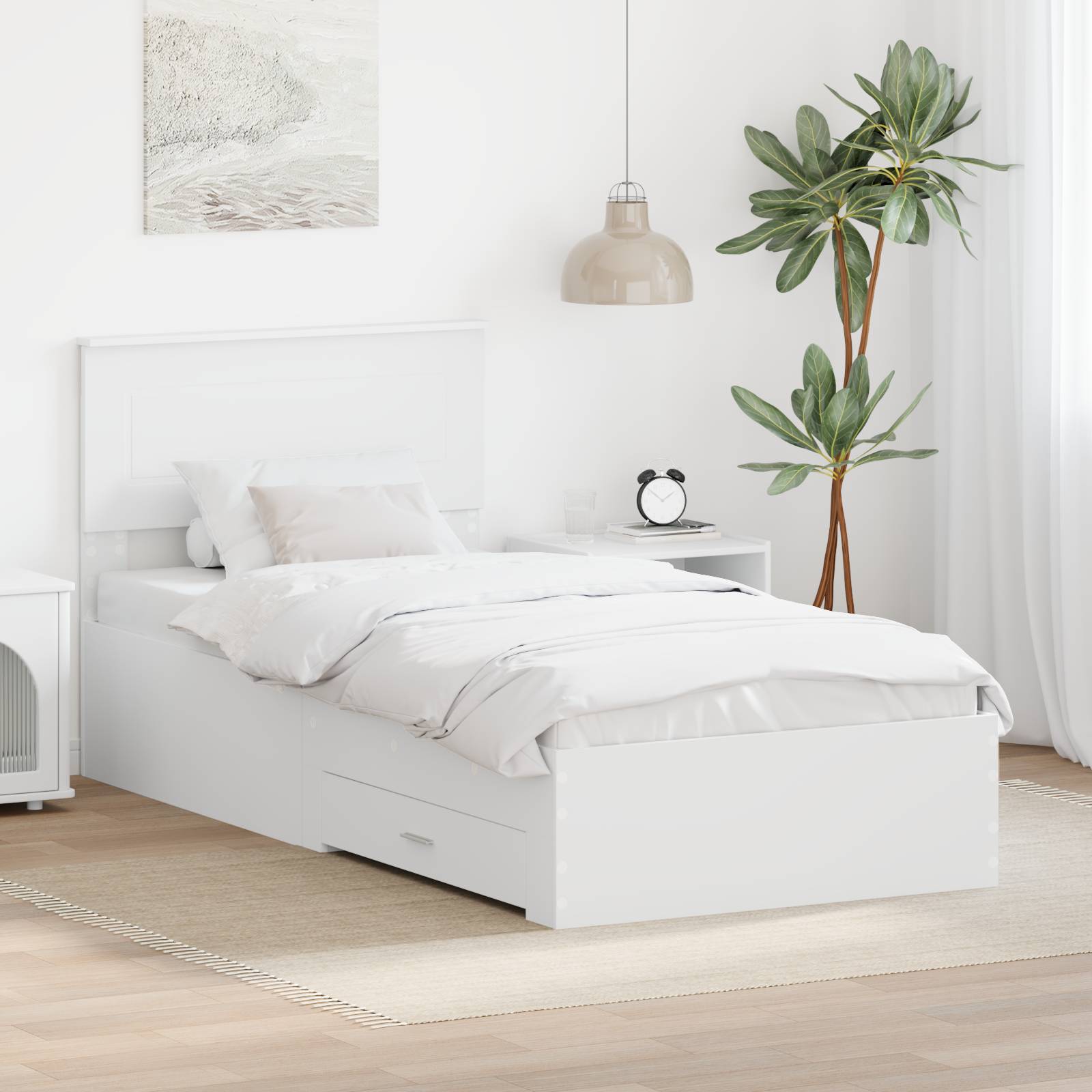 Sängram med huvudgavel med låda Vit 90 x 190 cm Konstruerat trä