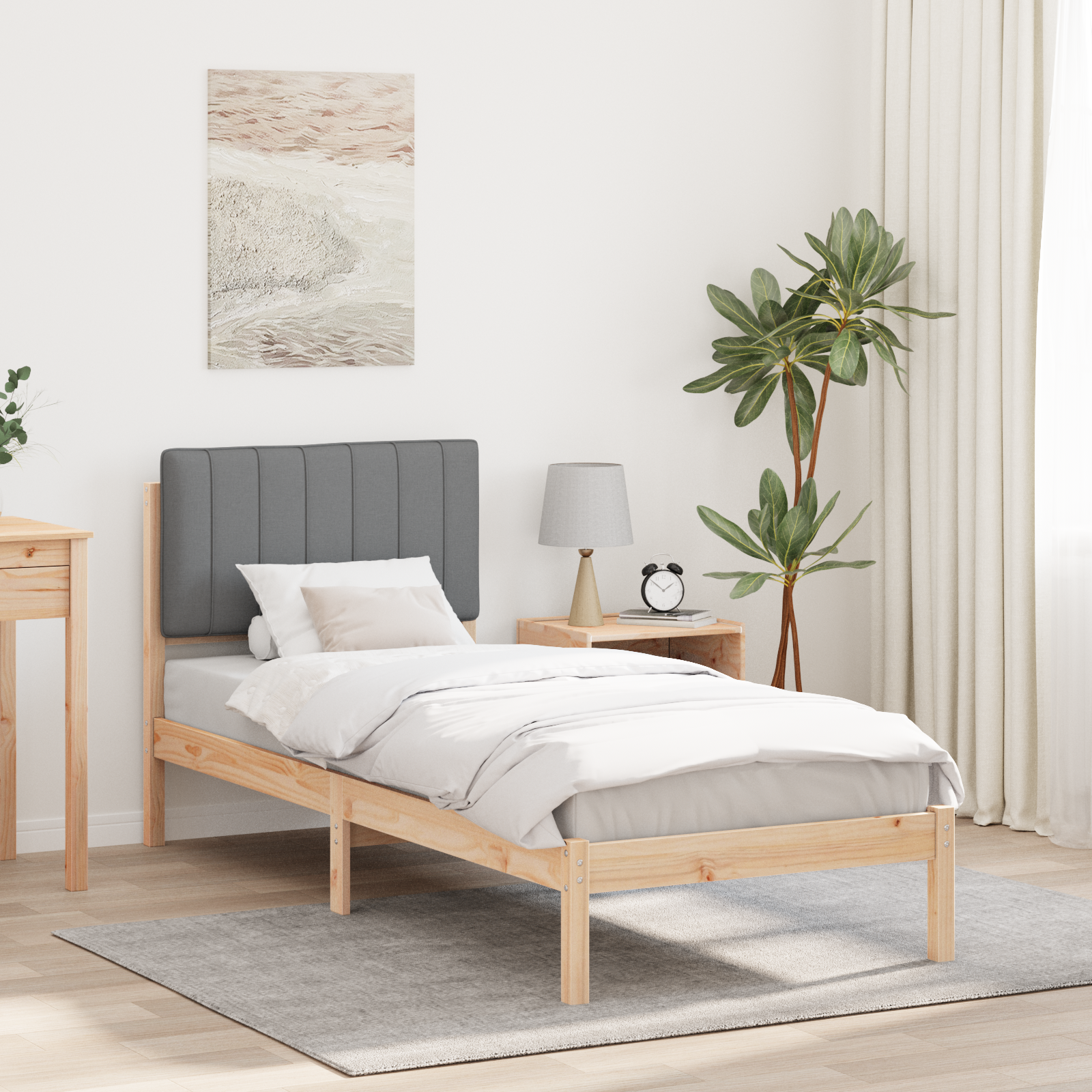 Sängram med Klädd Huvudgavel Ljusgrå 75 x 190 cm Massivt furu