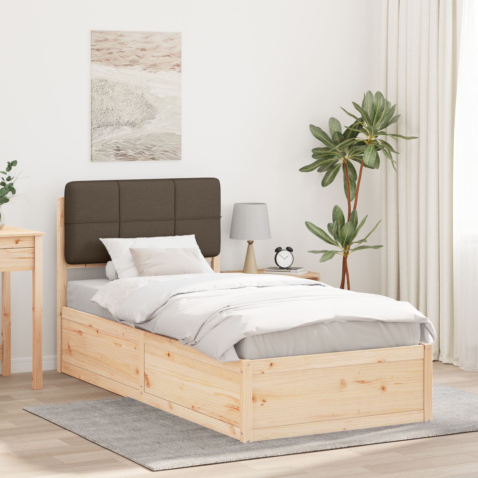 Sängram med Klädd Huvudgavel Taupe 75 x 190 cm Massiv furu
