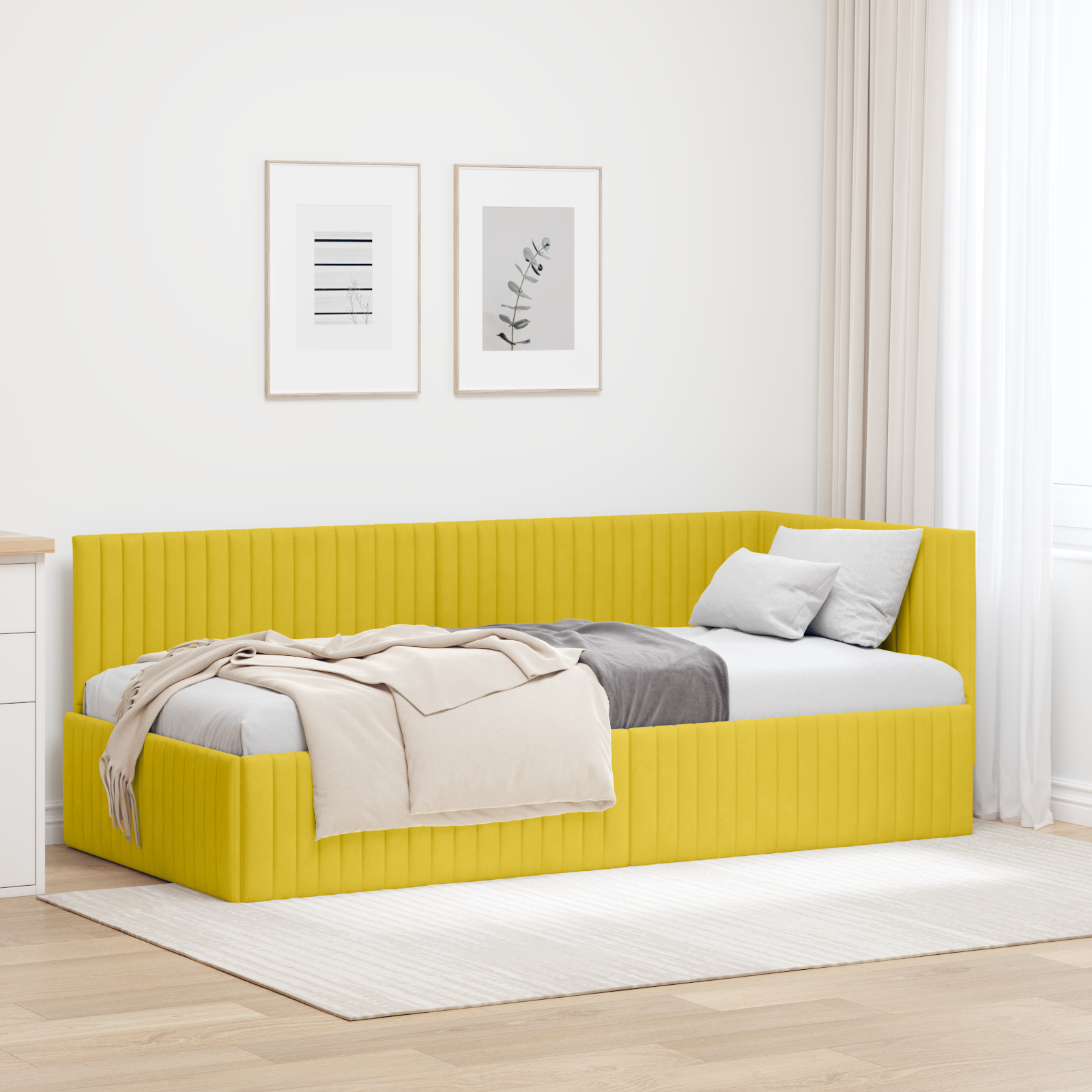 Hörn Sängram med huvudgavel Gul 90 cm x 200 cm Sammet