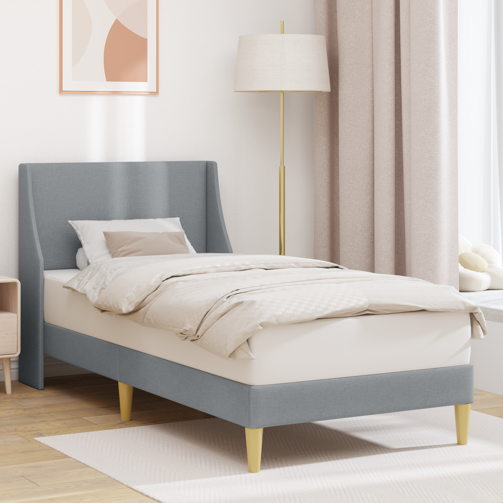 Sängram Enfärgad med huvudgavel Ljusgrå 100 x 200 cm tyg