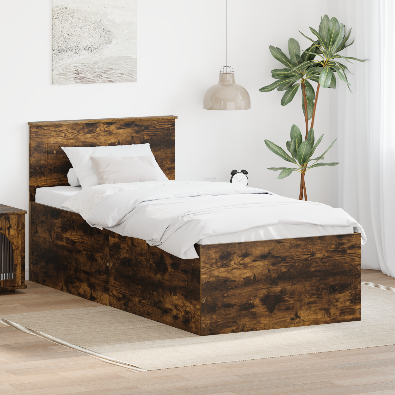 Sängram med huvudgavel Rökt ek 90 x 190 cm Konstruerat trä