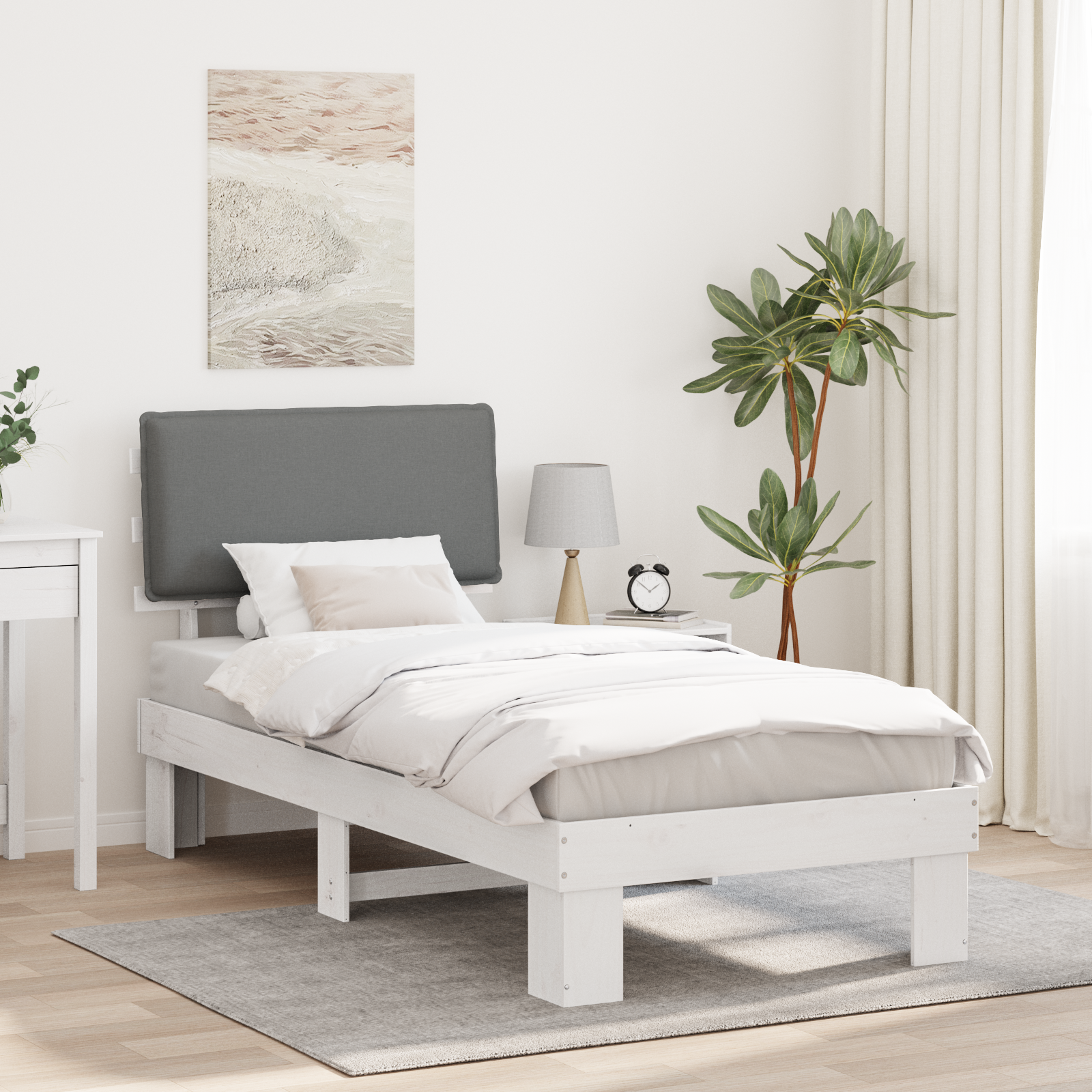 Sängram med Klädd Huvudgavel Ljusgrå 90 x 190 cm Massiv furu