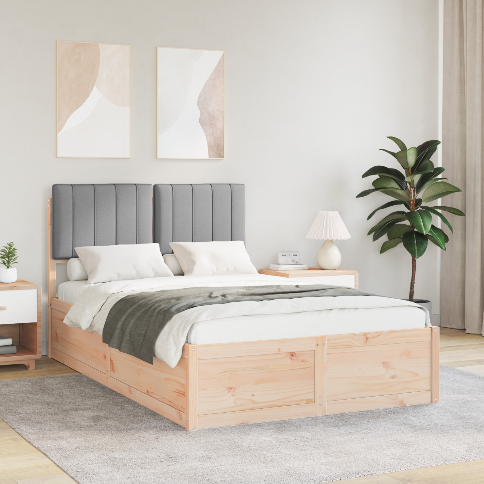 Sängram med Klädd Huvudgavel Ljusgrå 120 x 190 cm Massiv furu