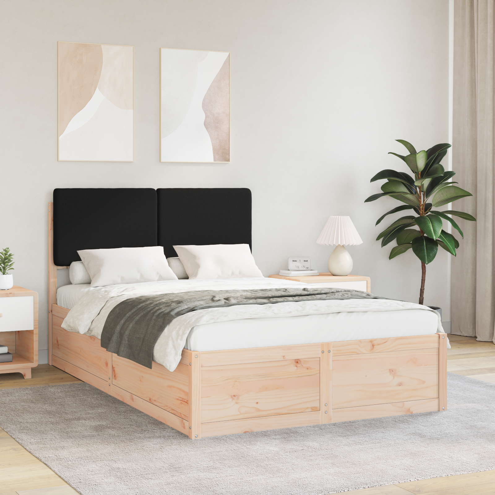 Sängram med Klädd Huvudgavel Svart 120 x 190 cm Massiv furu