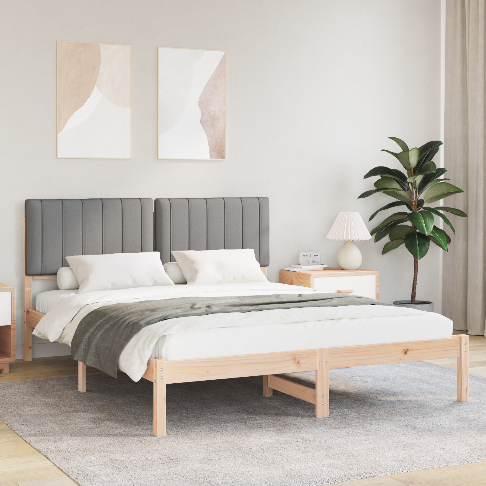 Sängram med Klädd Huvudgavel Ljusgrå 150 x 200 cm Massivt furu