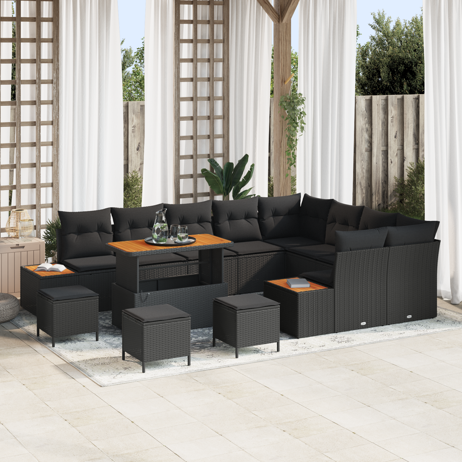 Trädgårdsoffset med kudde med lagring 13 pcs Svart Poly rattan