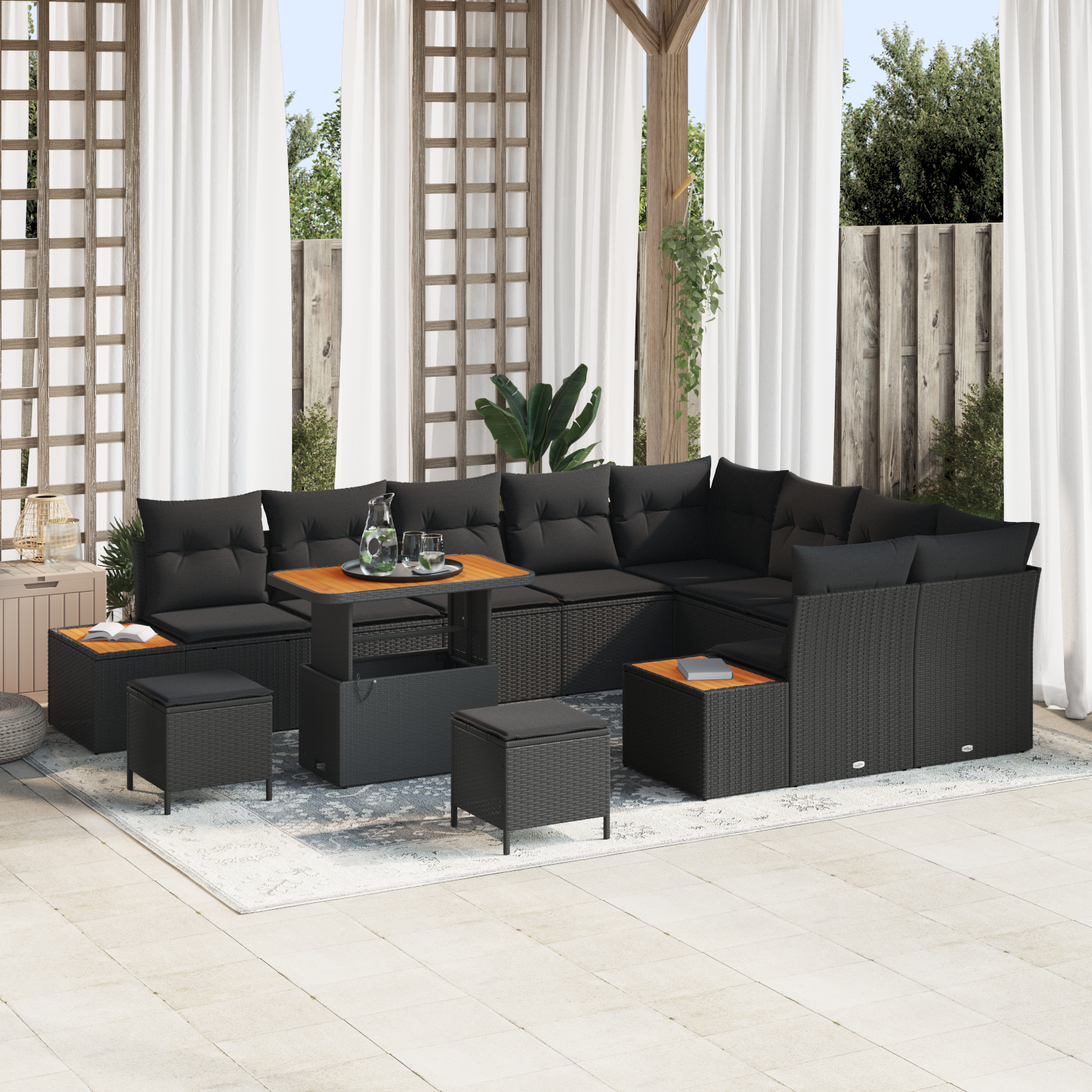 Trädgårdsoffset med kudde med lagring 12 pcs Svart Poly rattan