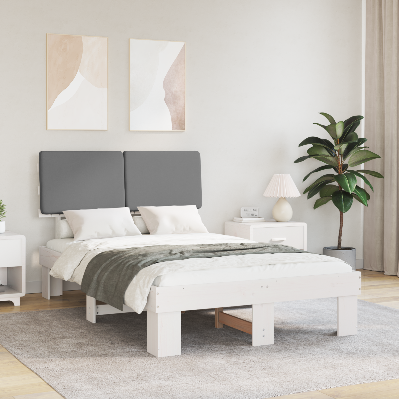 Sängram med Klädd Huvudgavel Ljusgrå 120 x 200 cm Massiv furu