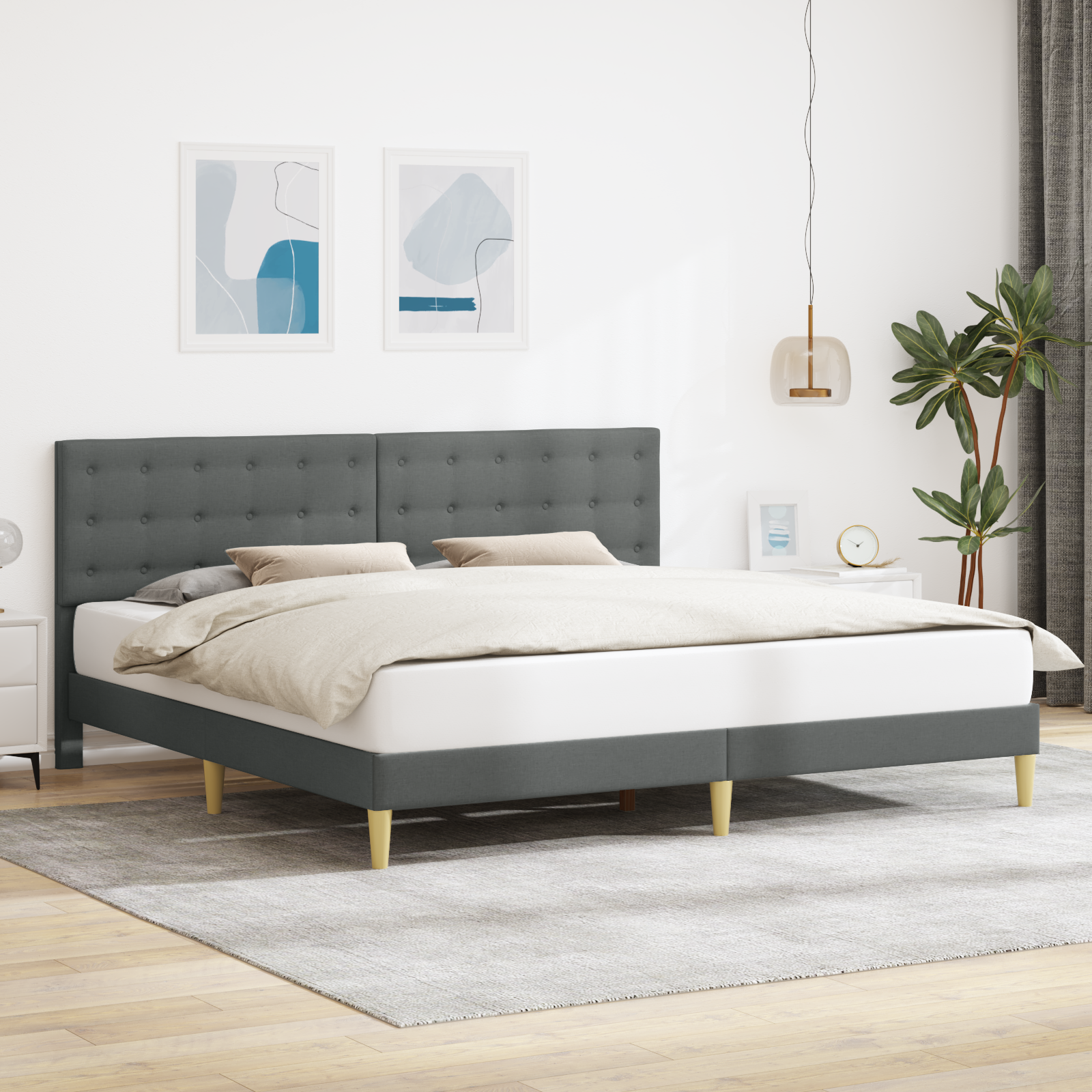 Sängram med huvudgavel Mörkgrå 200 x 200 cm Tyg