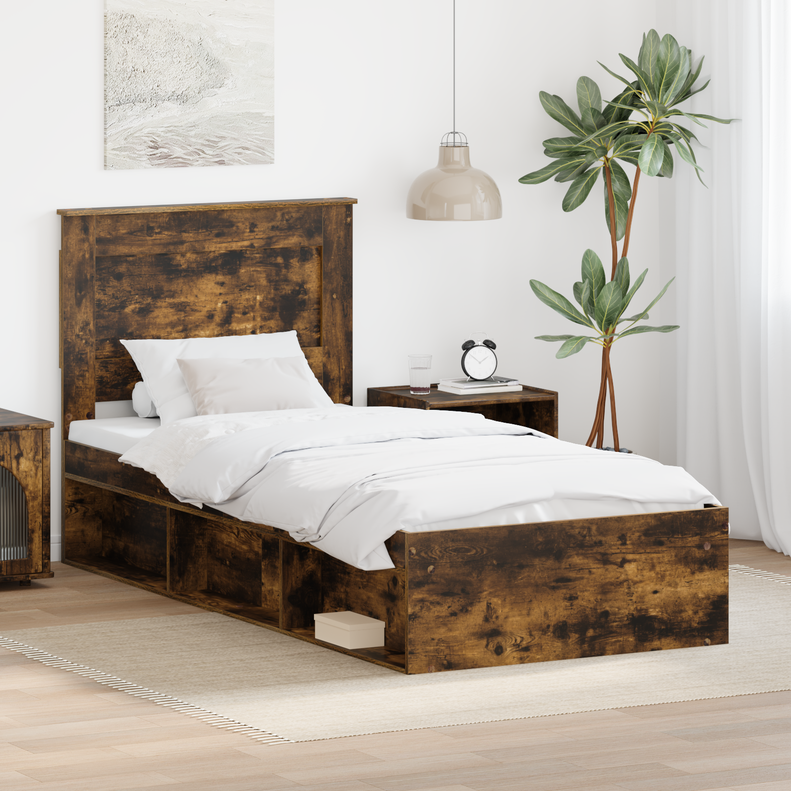 Sängram med huvudgavel med låda Rökt ek 90 x 200 cm Massiv furu