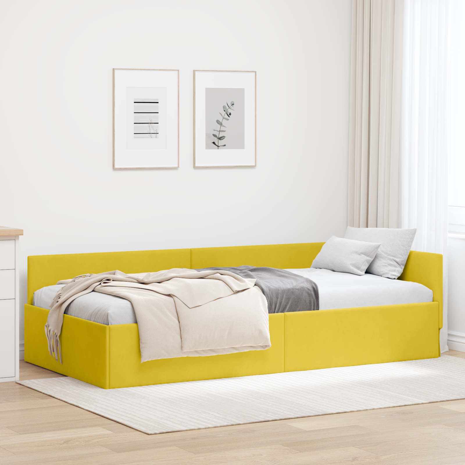 Hörn Sängram med huvudgavel Gul 100 cm x 200 cm Sammet