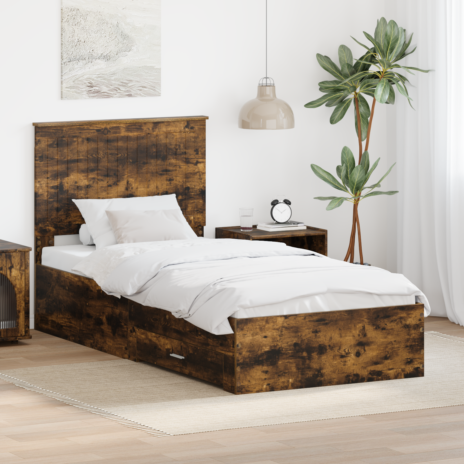 Sängram med huvudgavel Rökt ek 90 x 190 cm Konstruerat trä