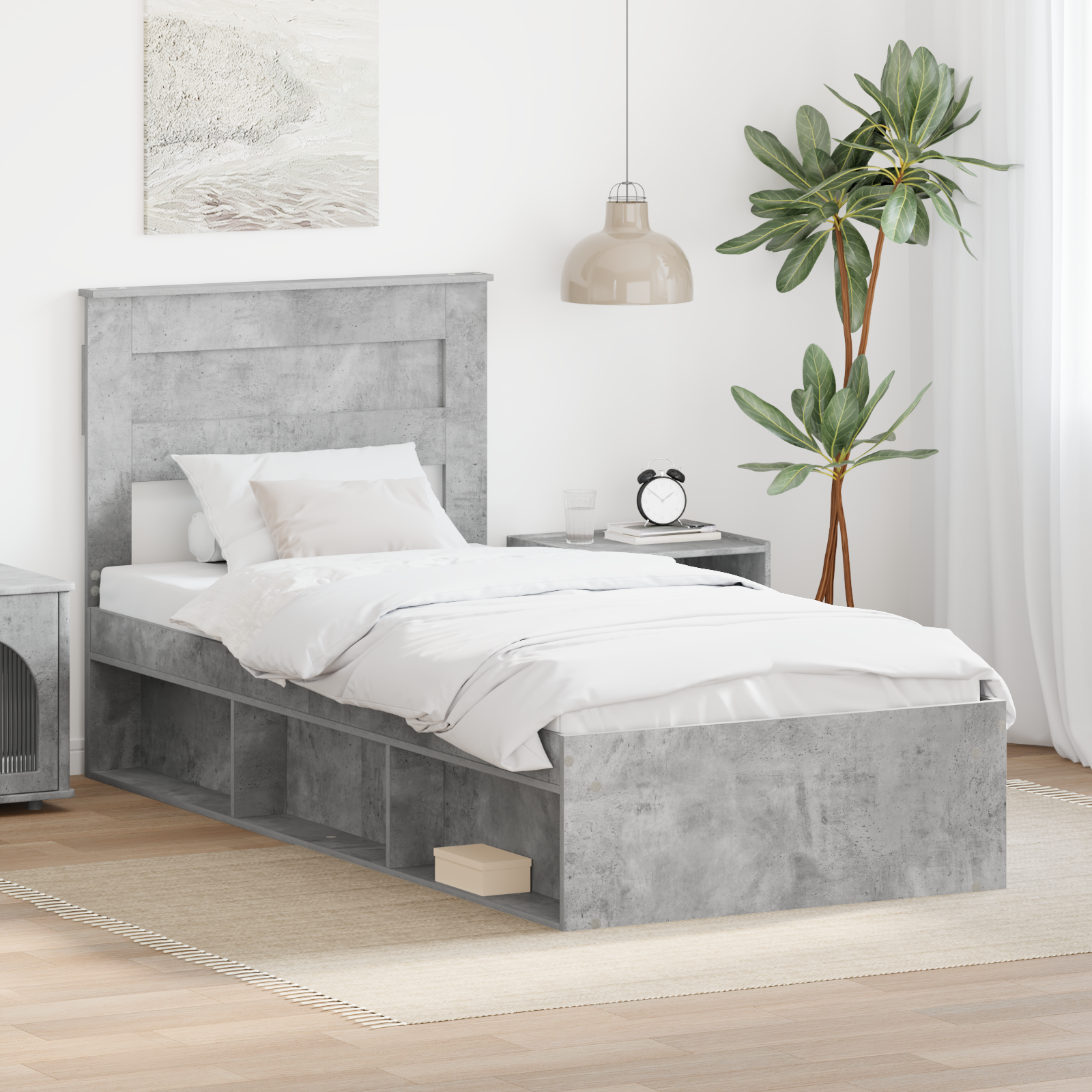 Sängram med huvudgavel Betong 90 x 200 cm Massiv furu
