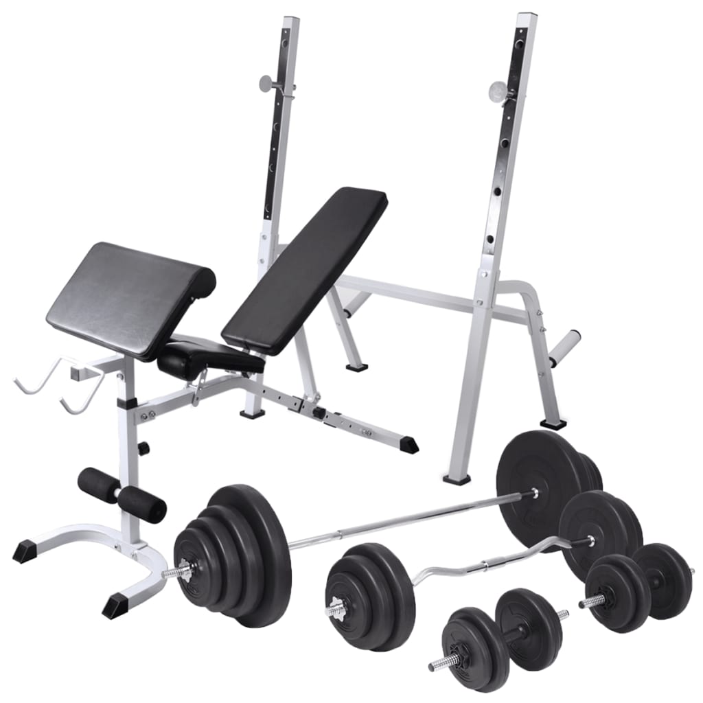 Träningsbänk set med viktställning skivstång och hantlar 120 kg