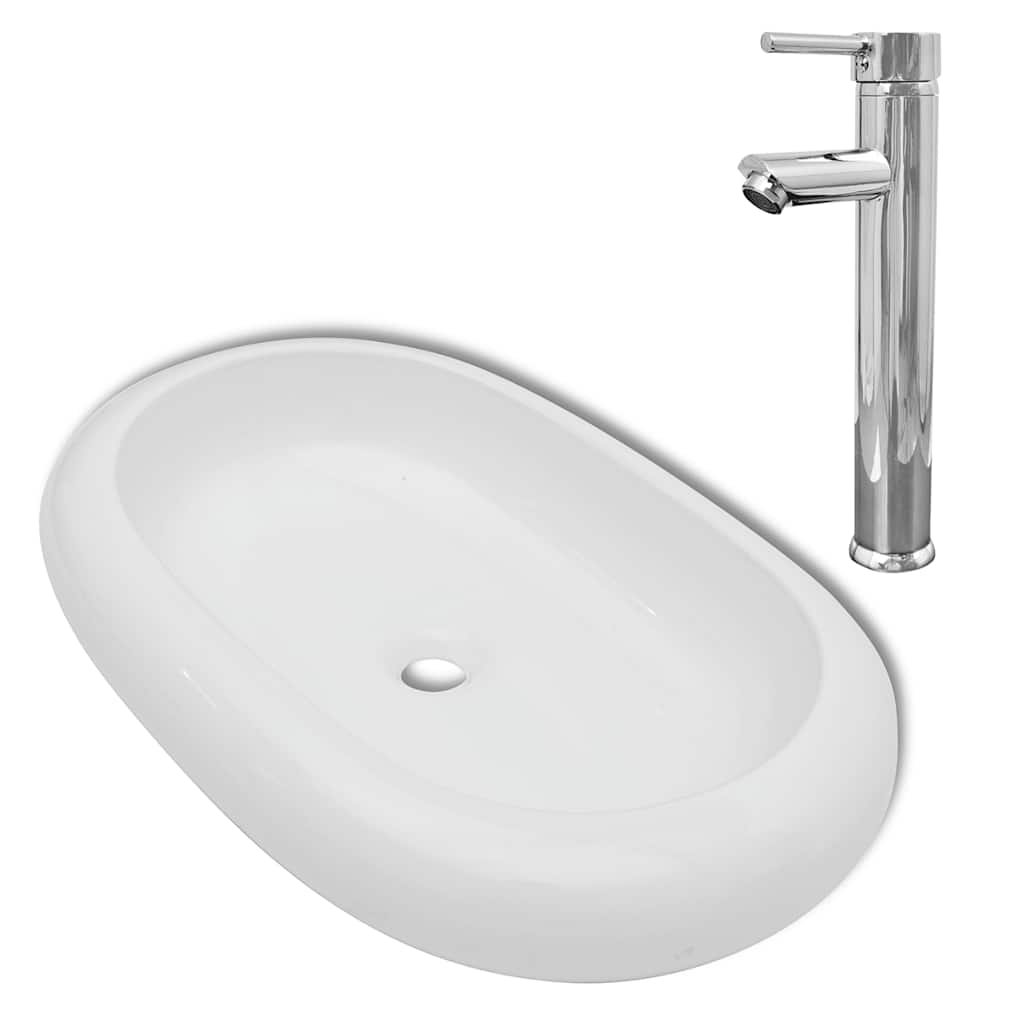 Handfat med blandare keramik oval vit