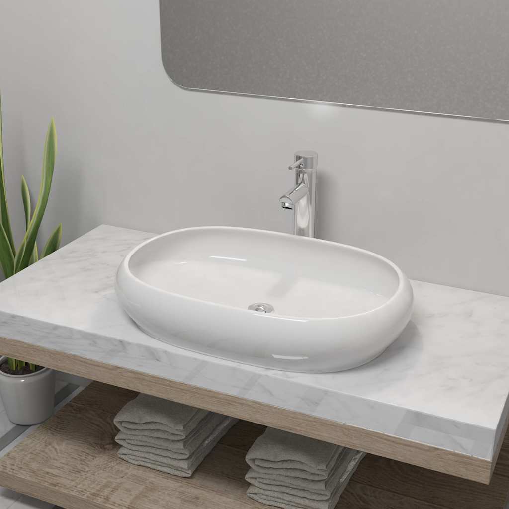 Handfat med blandare keramik oval vit