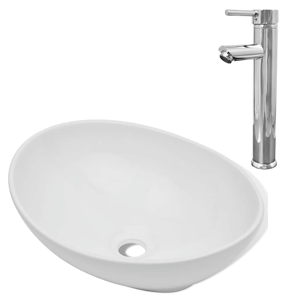 Handfat med blandare keramik oval vit