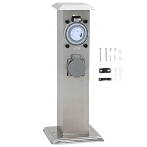 Pelare i rostfritt stål med utomhusuttag och timer