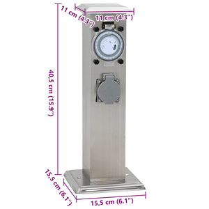 Pelare i rostfritt stål med utomhusuttag och timer