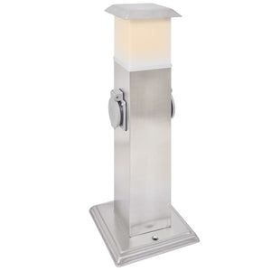 Pelare i rostfritt stål med utomhusuttag och lampa