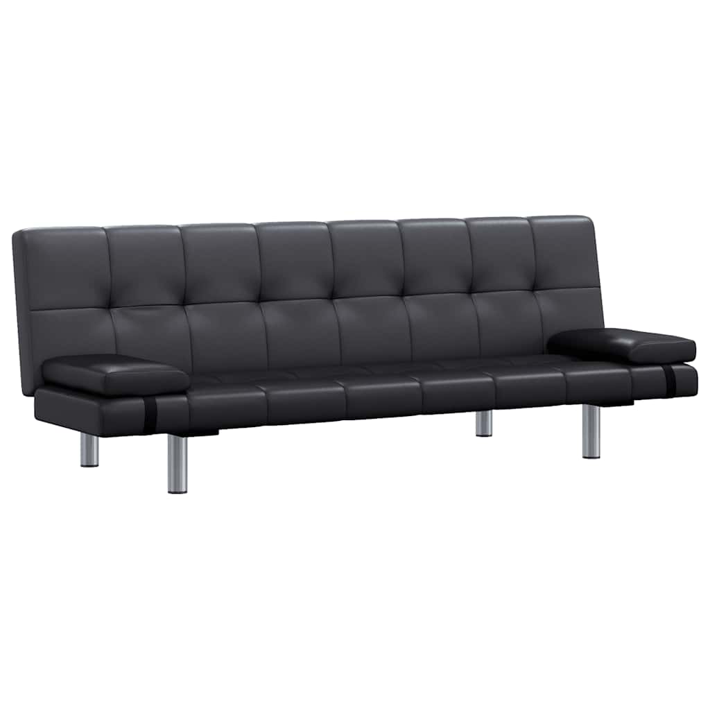 Bäddsoffa med två kuddar konstläder justerbar svart