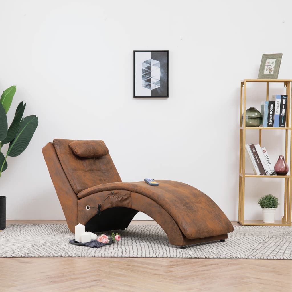 Massageschäslong med kudde brun konstmocka