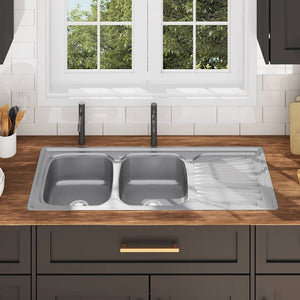 Diskbänk dubbel diskho med sil & vattenlås rostfritt stål