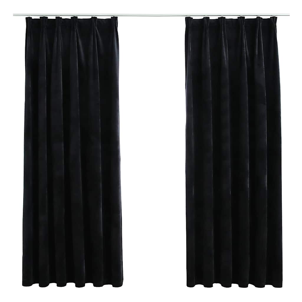 Mörkläggningsgardiner 2 st m. krokar sammet svart 140x175 cm