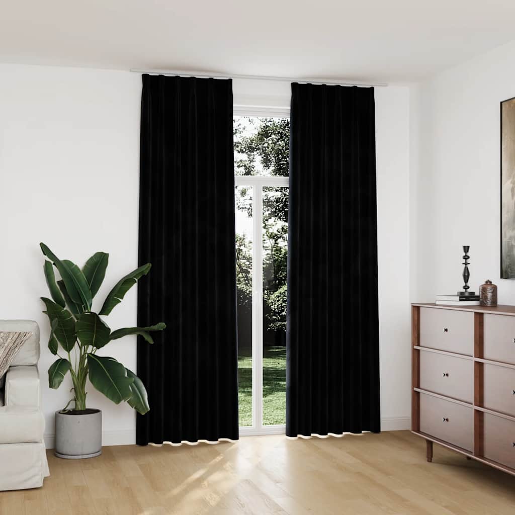 Mörkläggningsgardiner 2 st med krokar sammet svart 140x245 cm