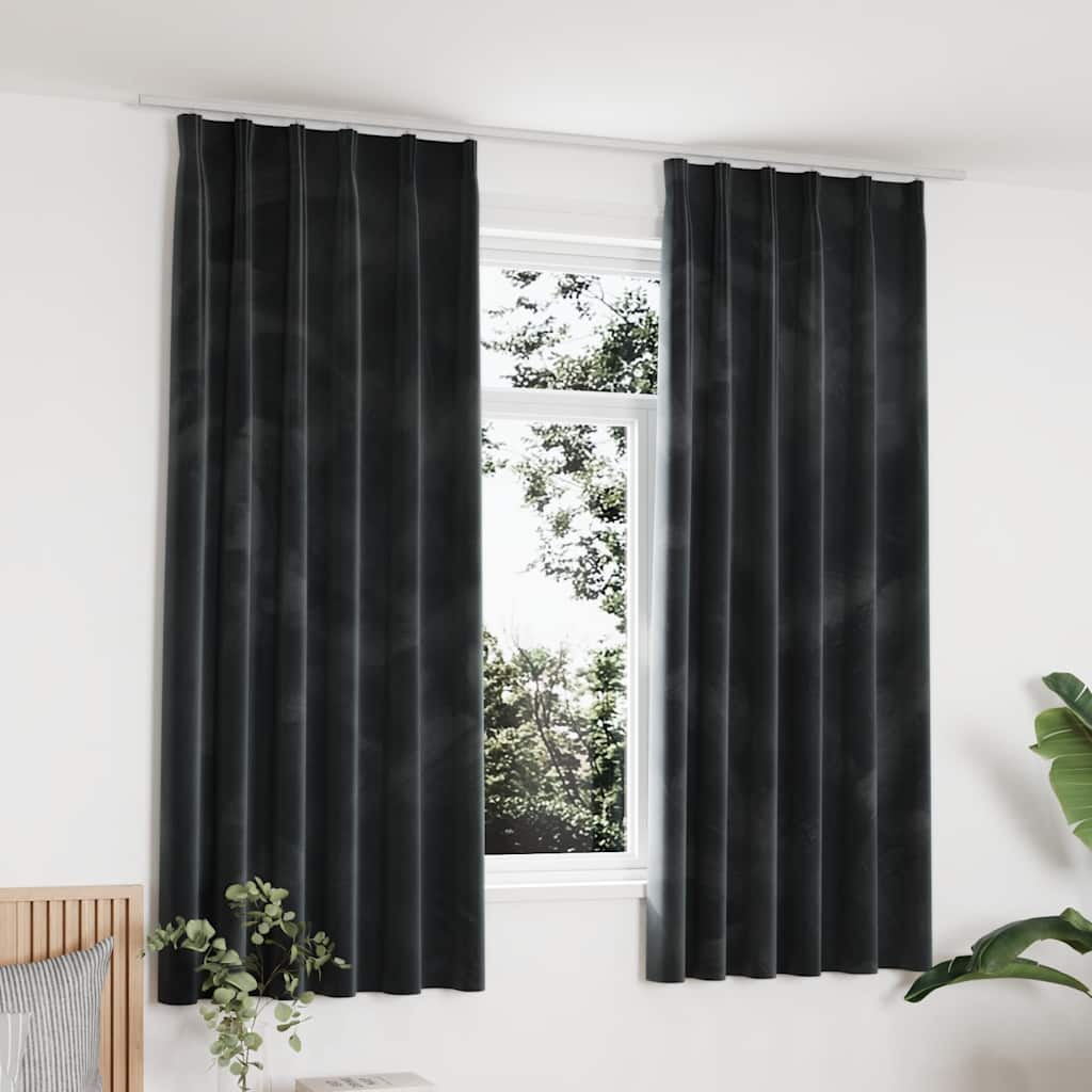Mörkläggningsgardiner 2 st m. krokar sammet antracit 140x175 cm