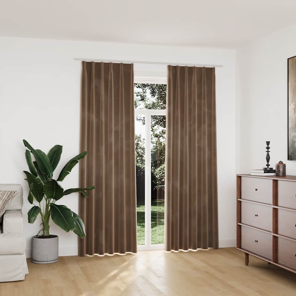 Mörkläggningsgardiner 2 st med krokar sammet beige 140x225 cm