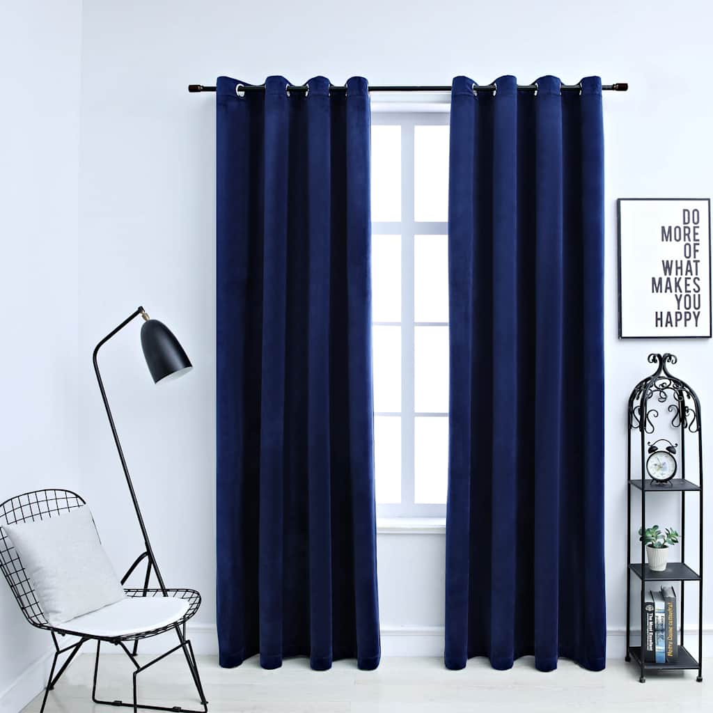 Mörkläggningsgardiner med ringar 2 st mörkblå sammet 140x175 cm