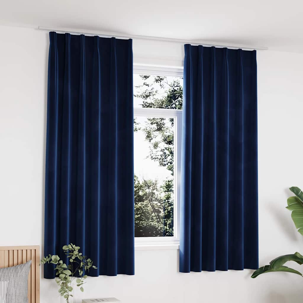 Mörkläggningsgardiner 2 st med krokar sammet mörkblå 140x175 cm