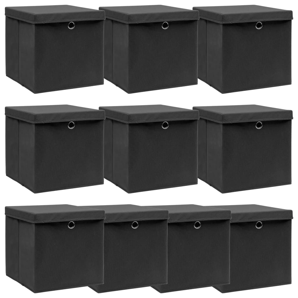 Förvaringslådor med lock 10 st svart 32x32x32 cm tyg