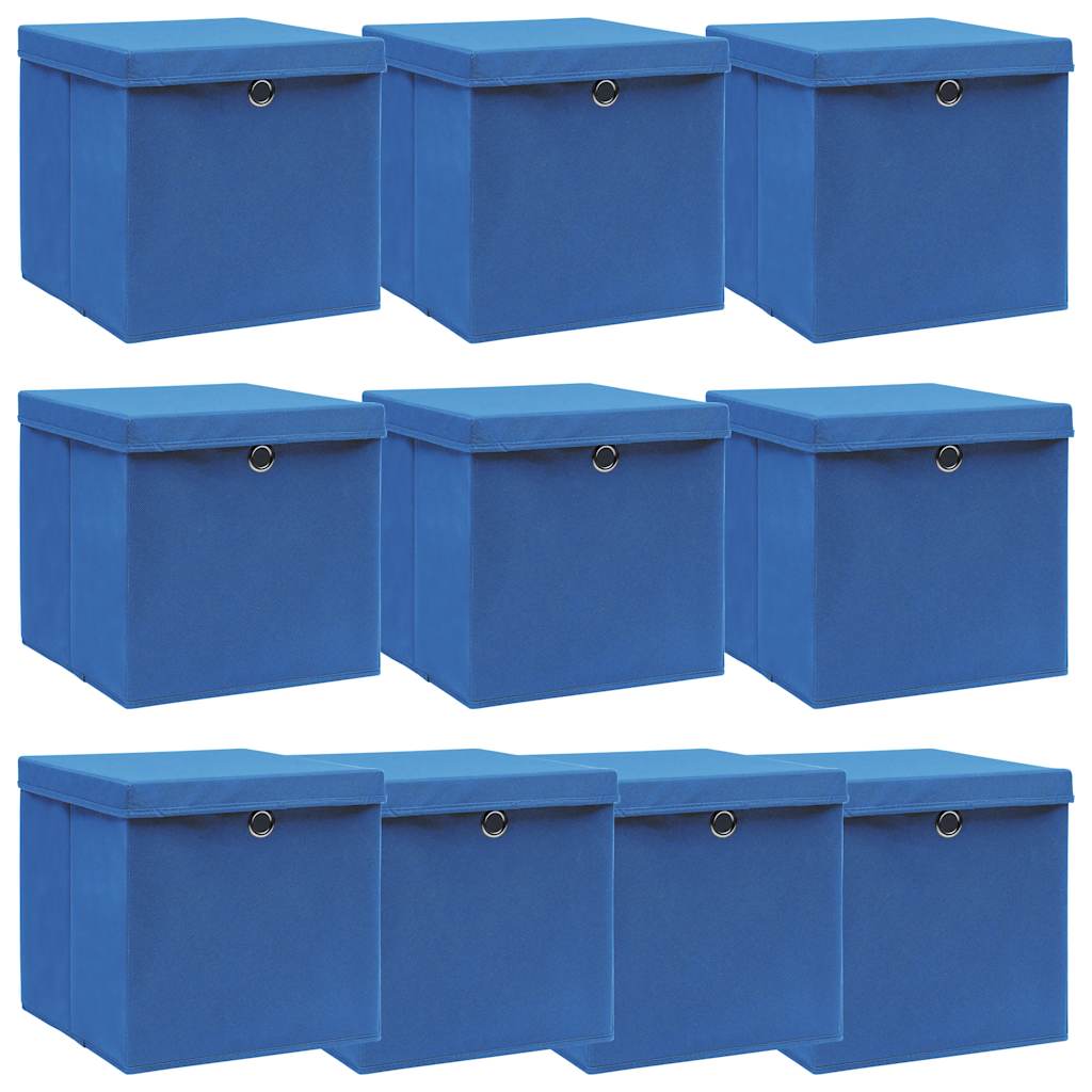 Förvaringslådor med lock 10 st blå 32x32x32 cm tyg