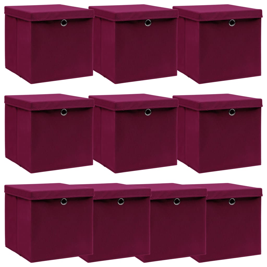 Förvaringslådor med lock 10 st mörkröd 32x32x32 cm tyg