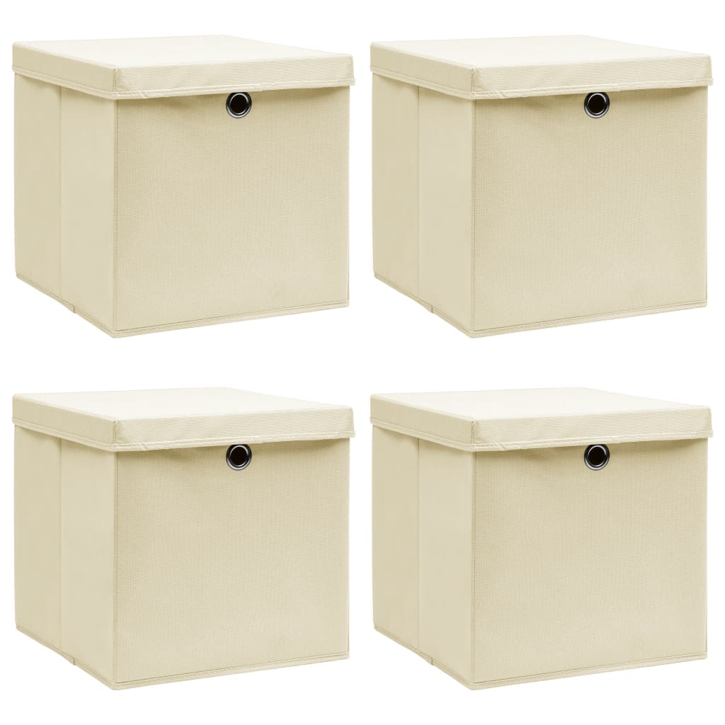 Förvaringslådor med lock 4 st gräddvit 32x32x32 cm tyg