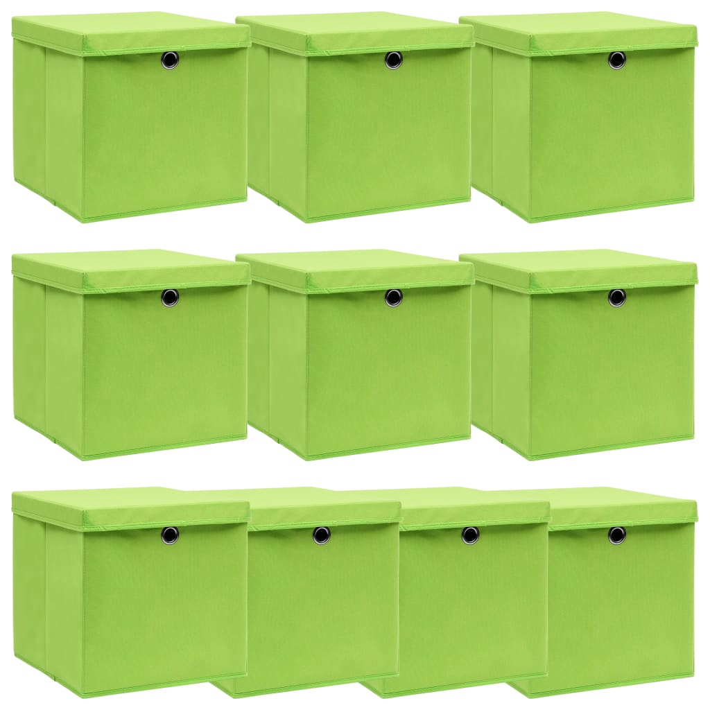 Förvaringslådor med lock 10 st grön 32x32x32 cm tyg