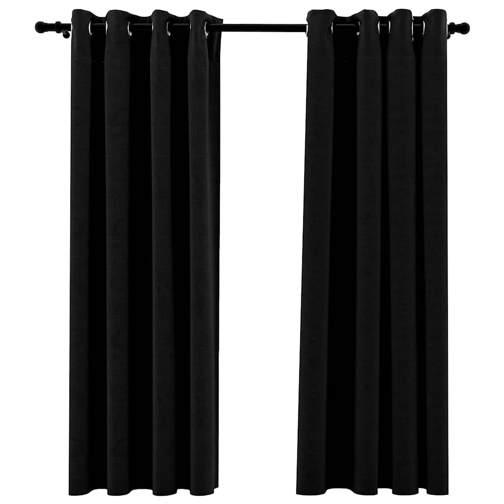 Mörkläggningsgardin med öljetter linnelook 2 st svart 140x175cm