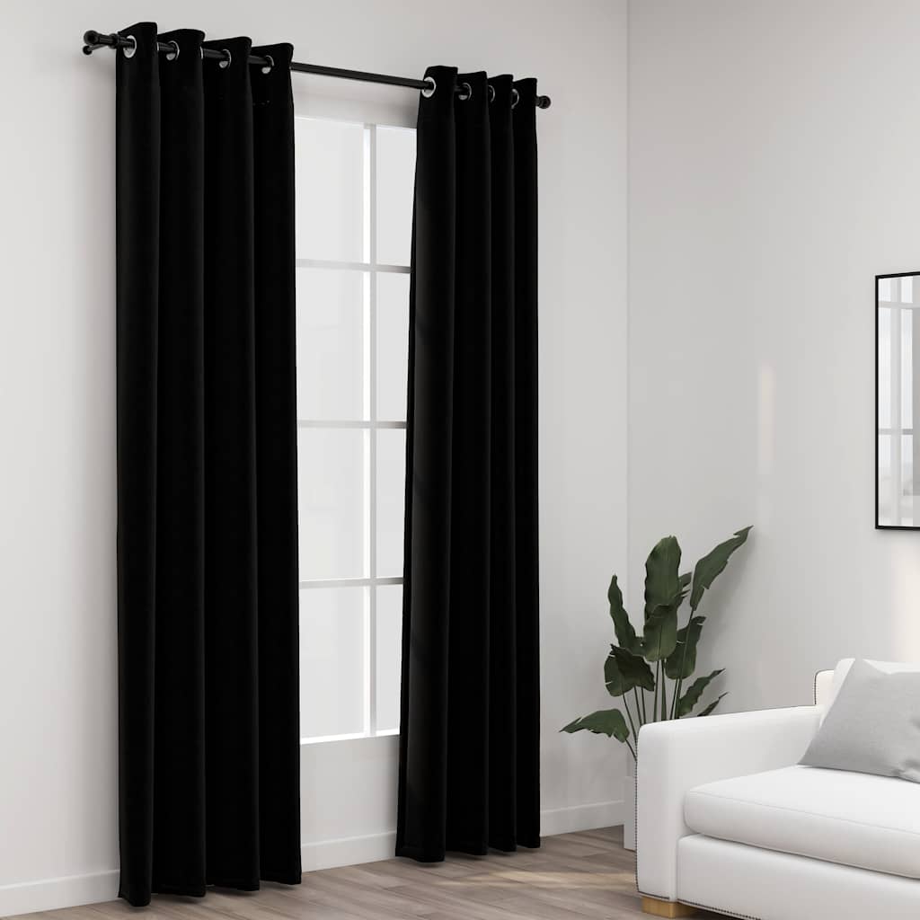 Mörkläggningsgardin med öljetter linnelook 2 st svart 140x225cm