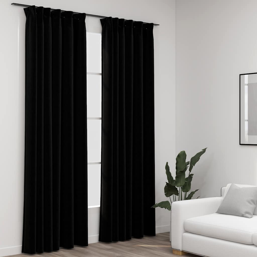 Mörkläggningsgardin med krokar linnelook 2 st svart 140x245 cm