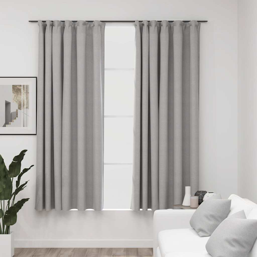 Mörkläggningsgardin med krokar linnelook 2 st grå 140x175 cm
