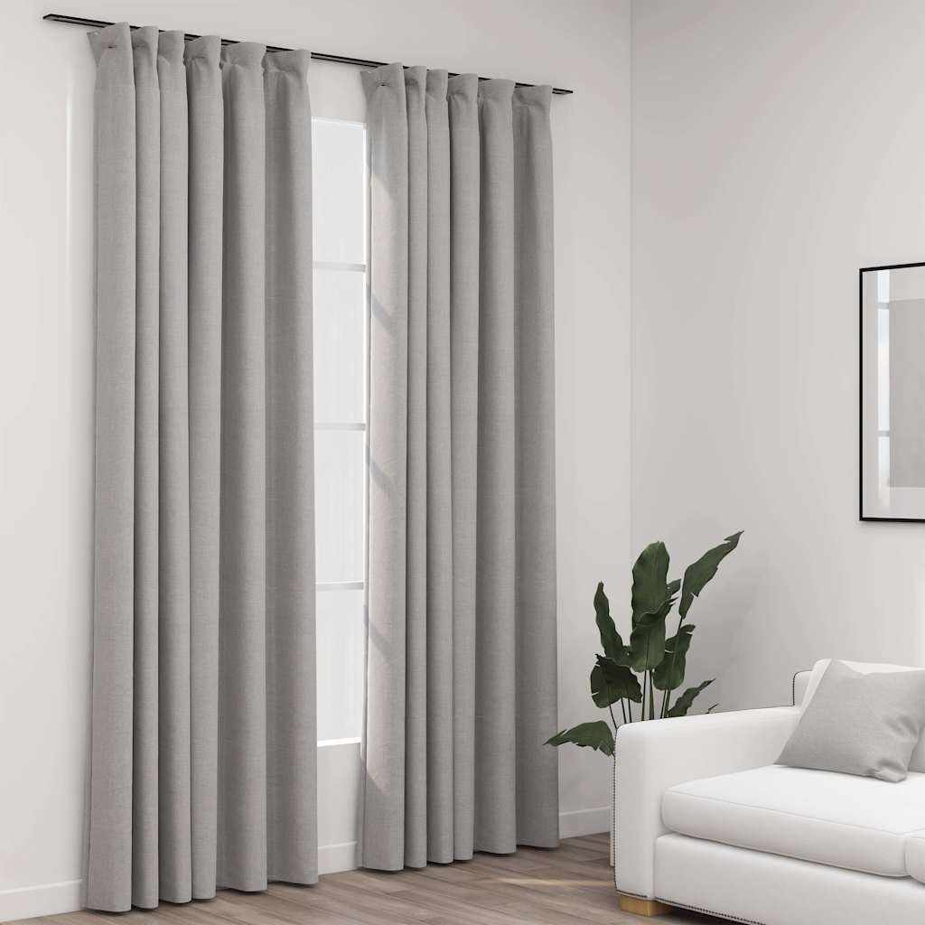 Mörkläggningsgardin med krokar linnelook 2 st grå 140x225 cm