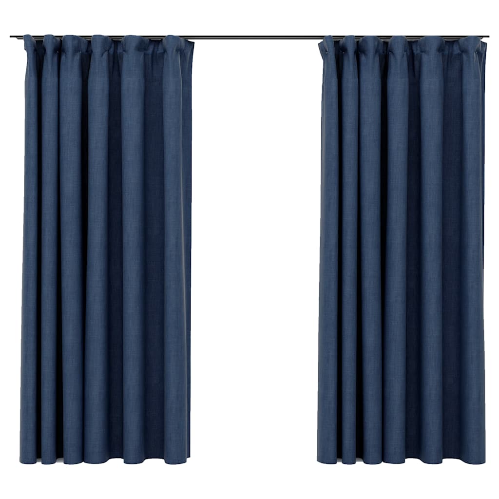 Mörkläggningsgardin med krokar linnelook 2 st blå 140x175 cm