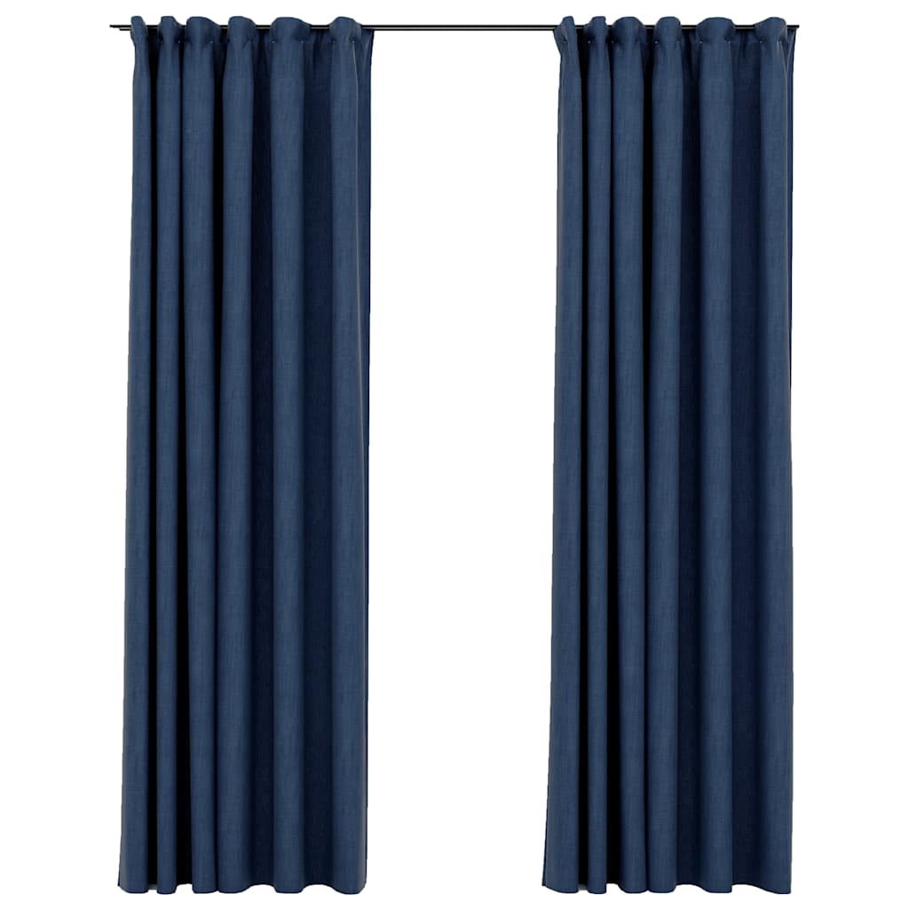 Mörkläggningsgardiner med krokar linnelook 2 st blå 140x245 cm