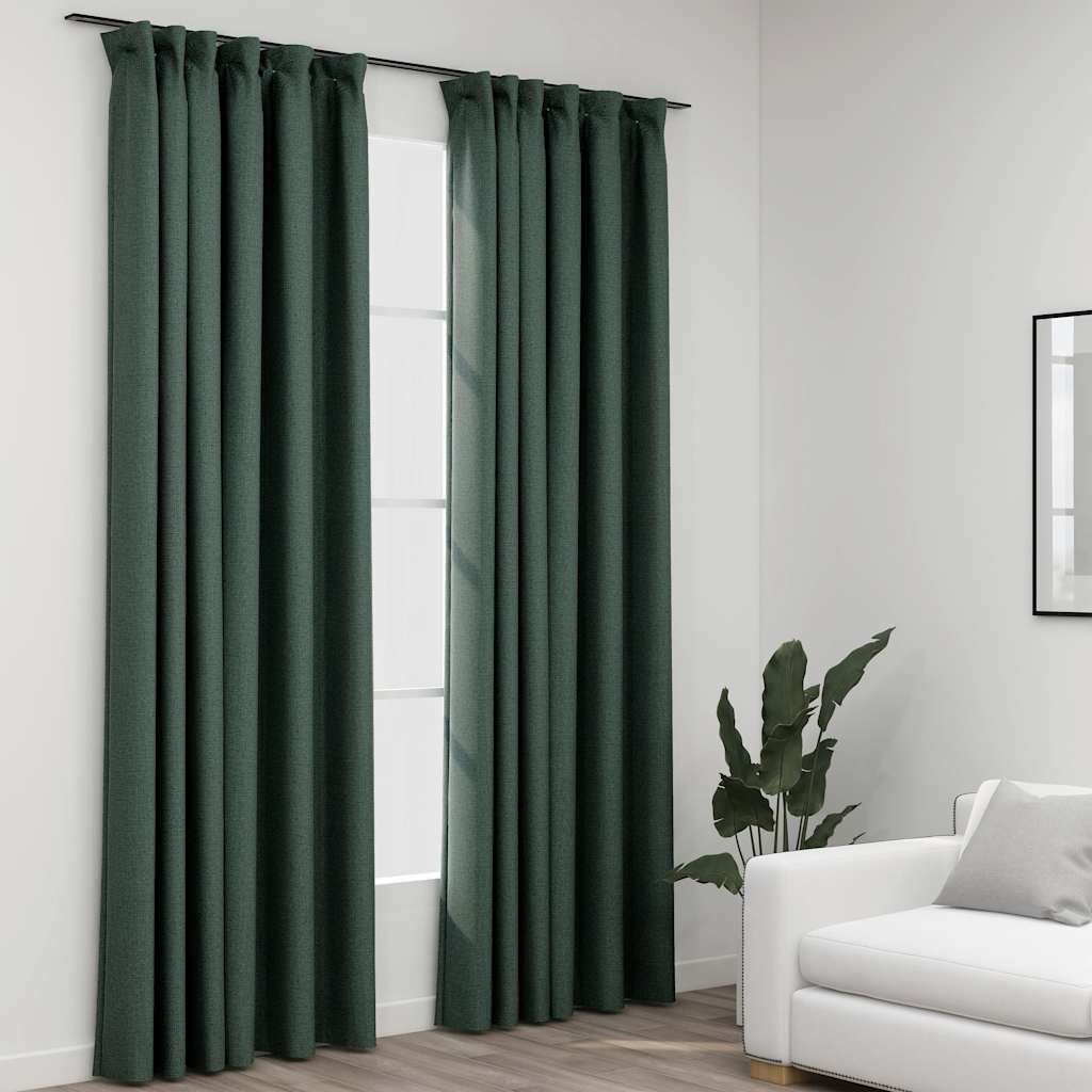 Mörkläggningsgardin med krokar linnelook 2 st grön 140x225 cm