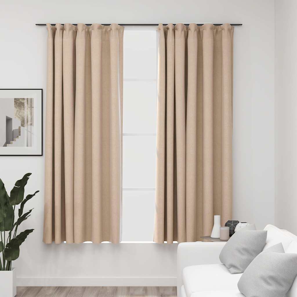 Mörkläggningsgardin med krokar linnelook 2 st beige 140x175 cm