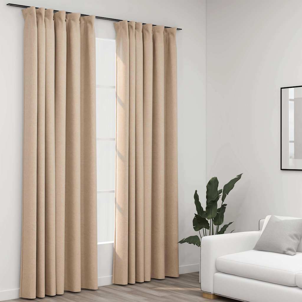 Mörkläggningsgardin med krokar linnelook 2 st beige 140x245 cm