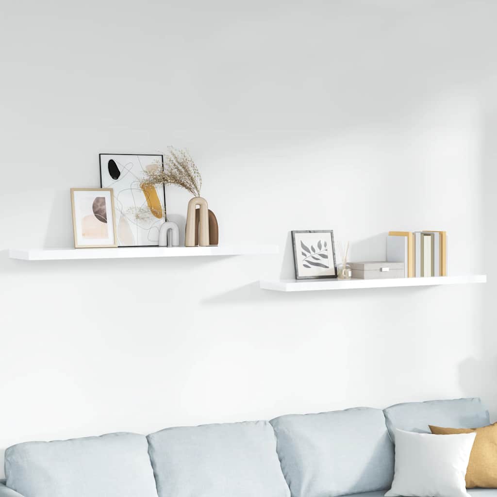 Svävande vägghyllor 2 st vit högglans 120x23,5x3,8 cm MDF